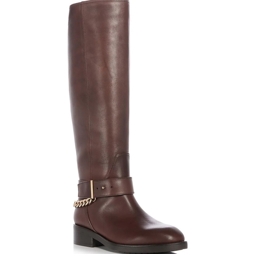 AQUA Riley Dark Brown Knee-High Leather Boots with Chain Detail $228 Retail